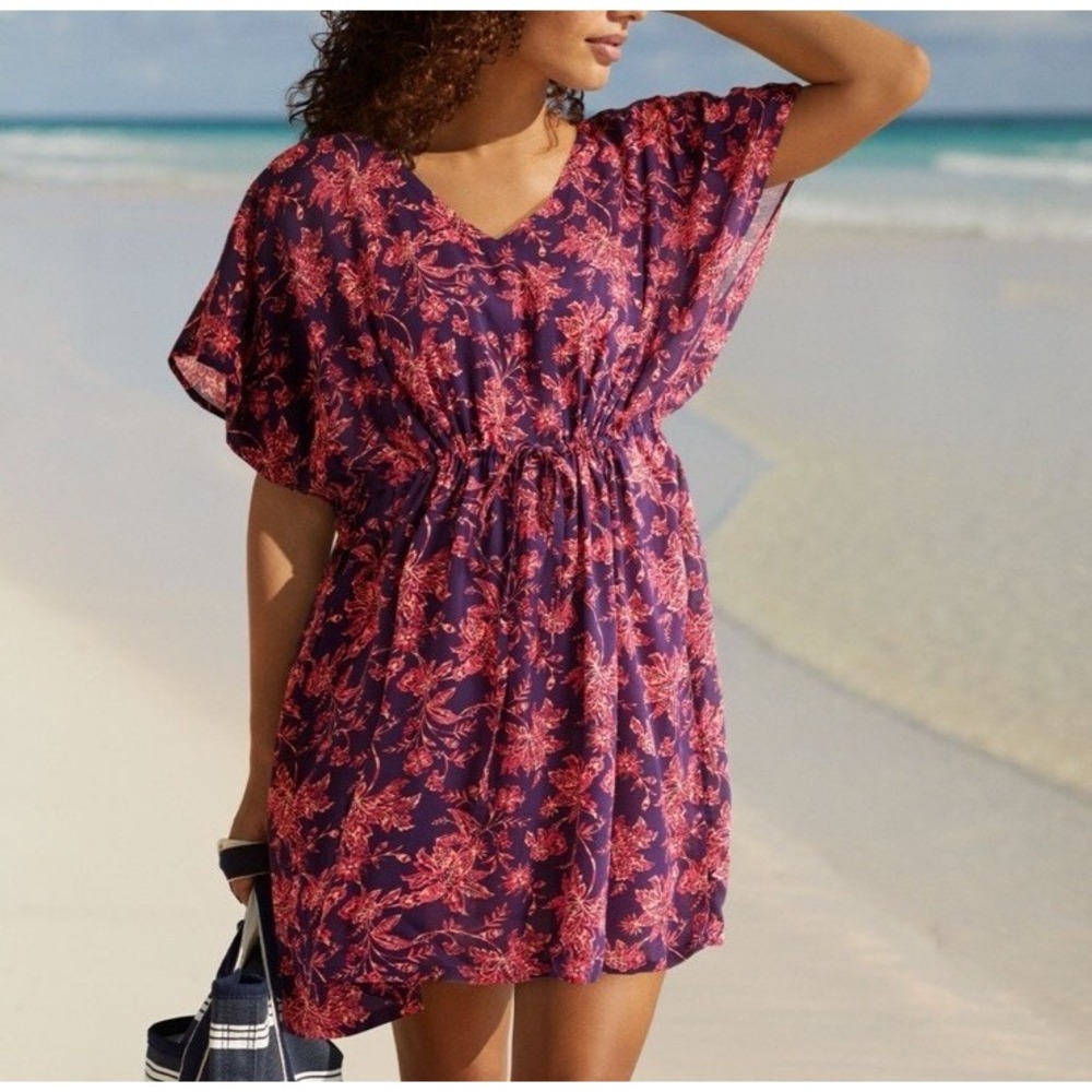 Lands‎ End Navy Floral Modal Kaftan Cover Up Dress M-L 221991 boho coastal